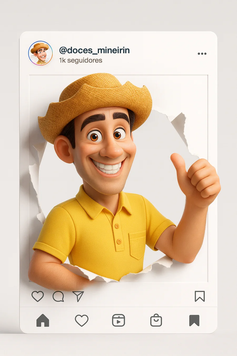 Mascote do Mineirin surgindo de um post do Instagram com os botões de curtir, comentar e compartilhar