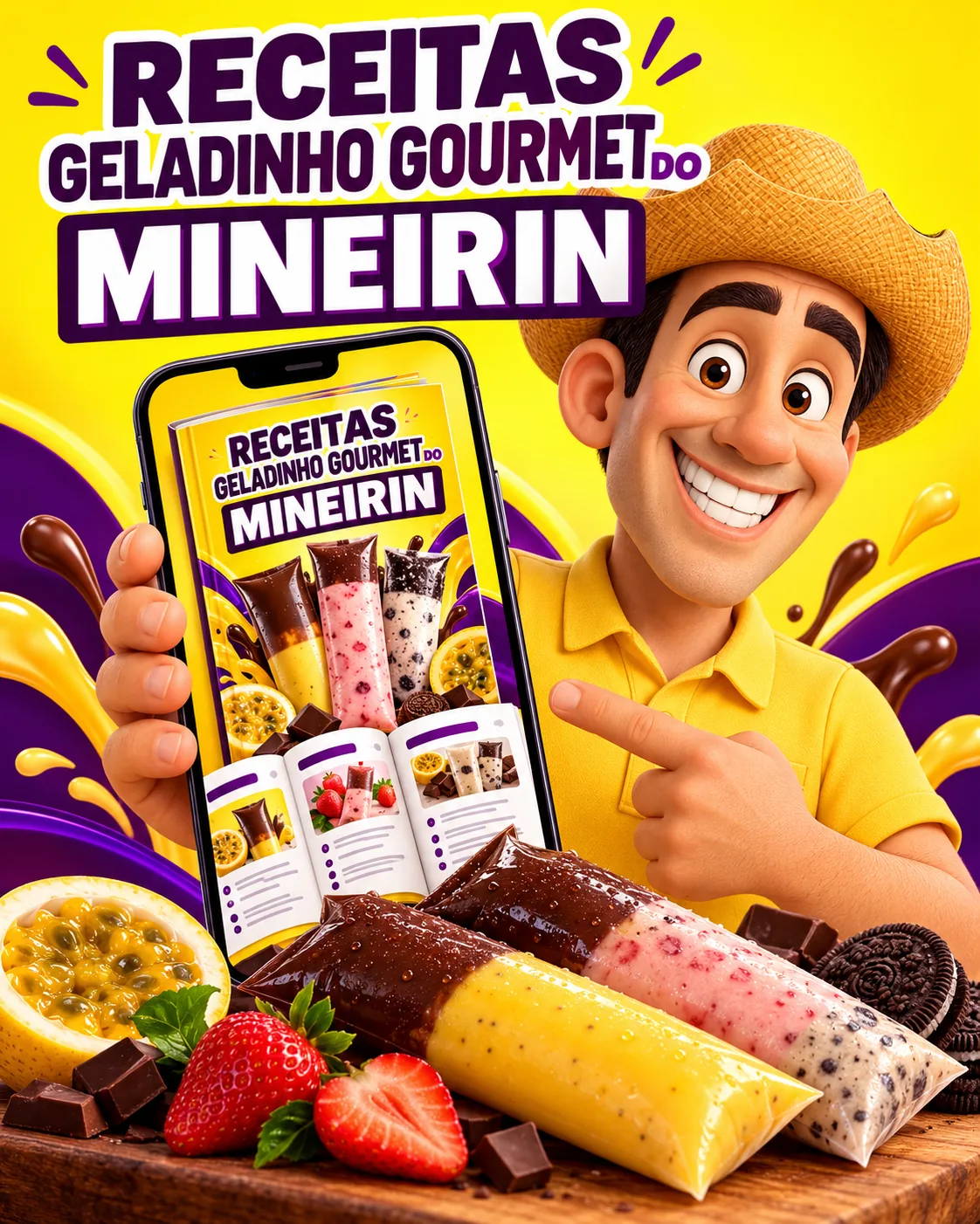 Capa do e-book Receitas Geladinho Gourmet do Mineirin, com o personagem do Mineirin segurando um celular